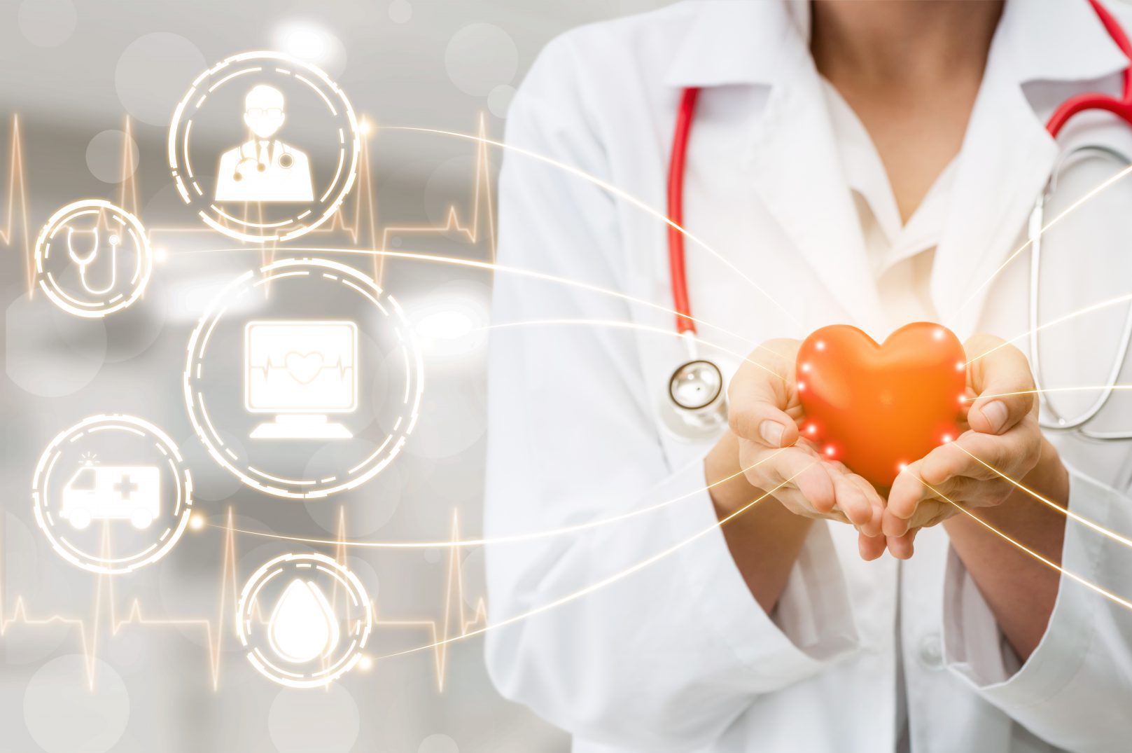 Medical Healthcare Concept - Doctor in hospital with digital medical icons graphic banner showing symbol of medicine, medical care people, emergency service network, doctor data of patient health.